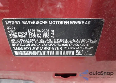 2021 BMW 3 Series 330E z USA, uszkodzony, nr VIN 3MW5P7J09M8B95758